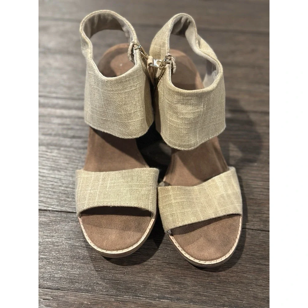 TOMS Womens Majorca Cutout Peeptoe  Sandal Heel‎ Champagne Metallic Woven Size 9